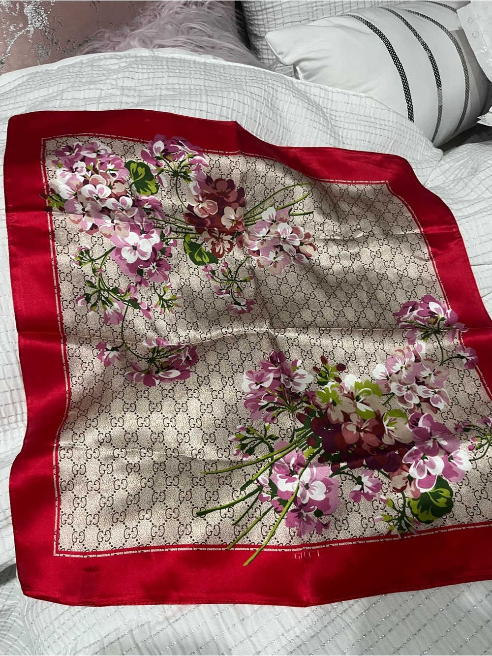 Gucci Silk Floral Scarf in Pink, Red and Beige